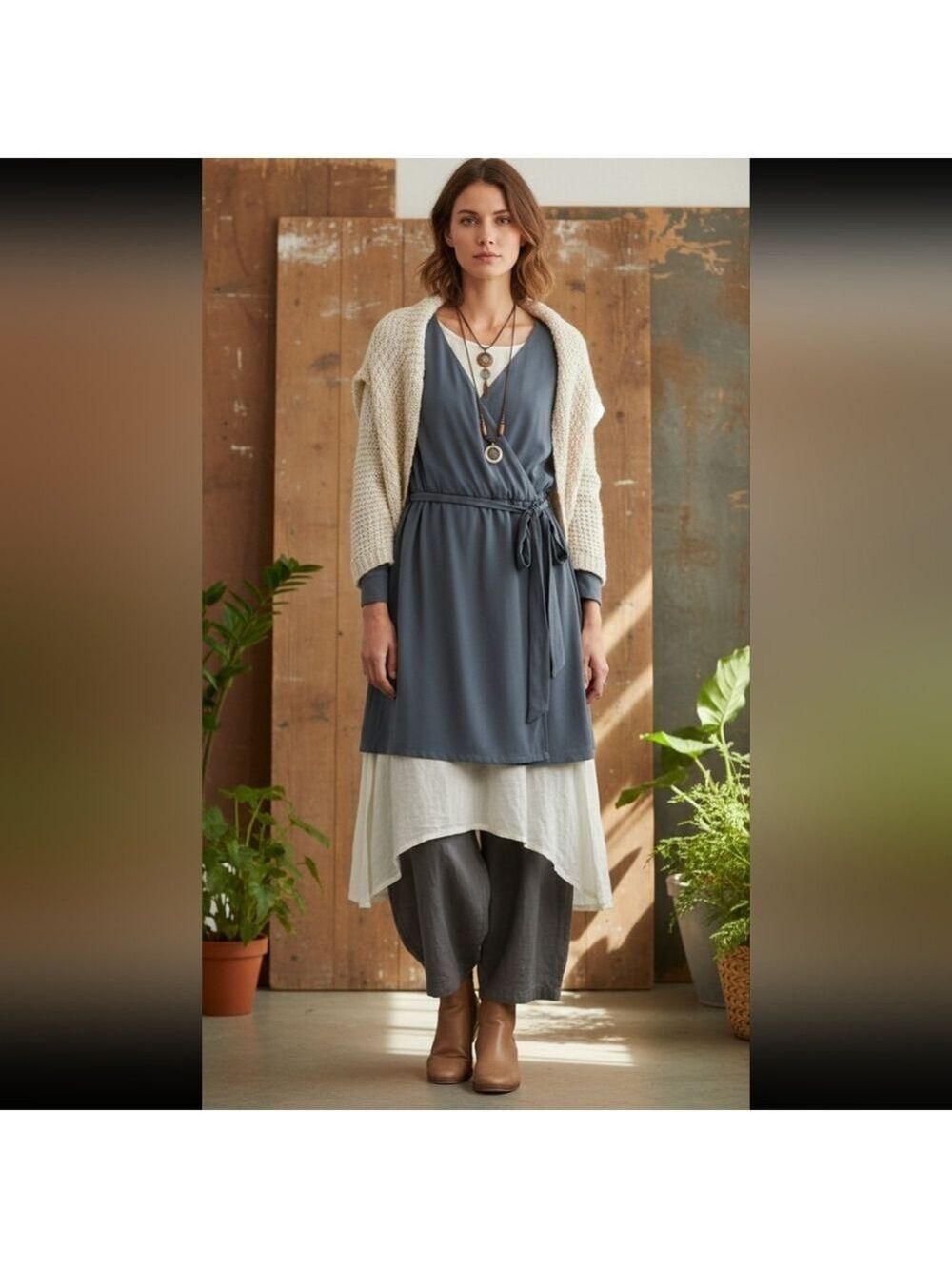 Three Eighty Two Dusty Blue belted crossover lined mini dress  Lagenlook USA SM